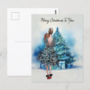 Merry Christmas woman and blue Christmas tree Postcard