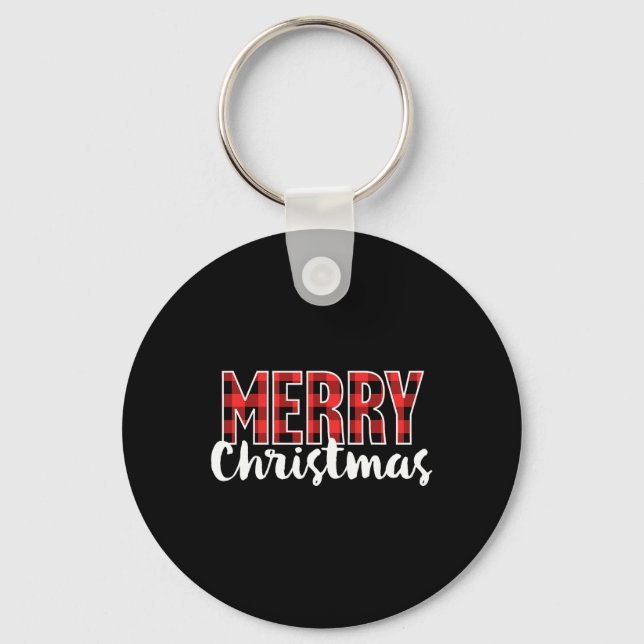 Merry Christmas Women Men Kids Red Buffalo Plaid X Key Ring (Front)