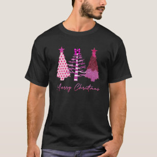 Merry Christmas Womens Pink Tree Christmas Leopard T-Shirt