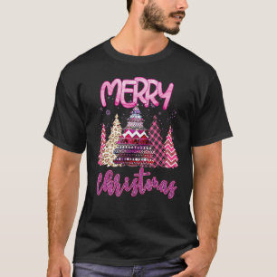 Merry Christmas Womens Pink Tree Christmas Leopard T-Shirt