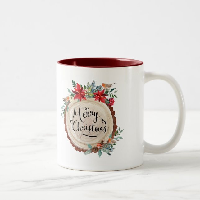 Merry Christmas & wood bark & flowers wreath Two-Tone Coffee Mug (Right)