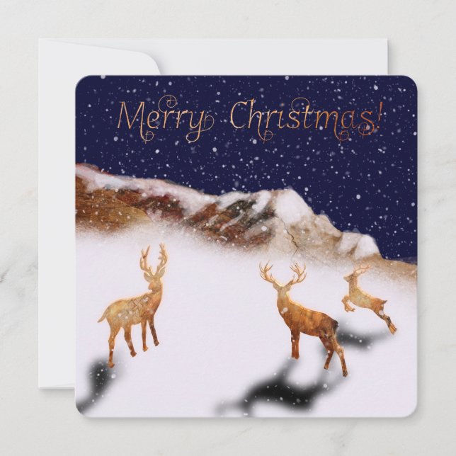 Merry Christmas - wood deers and mountains in snow (Front)
