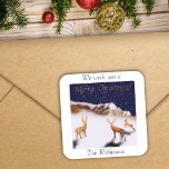 Merry Christmas - wood deers and mountains in snow Square Sticker<br><div class="desc">Merry Christmas - three deers made of wood,  are in the snow,  near a wood mountain,  in a snowy Christmas night.
Message we wish you a Merry Christmas,  c-personalizable sender’s name.</div>
