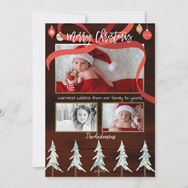 Merry Christmas Wood & Pine Trees 4 Photo Holiday Card (Front)