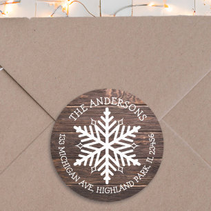 Merry Christmas Wood White Snowflake Address Classic Round Sticker