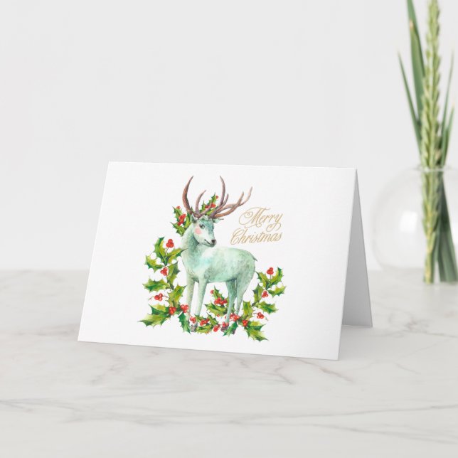 Merry Christmas Woodland Deer and Holly Berry Card (Front)