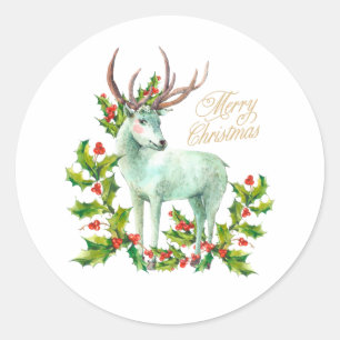 Merry Christmas Woodland Deer and Holly Berry Classic Round Sticker