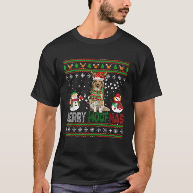 Merry Christmas Woof Santa Reindeer Sheltie Snowme T-Shirt (Front)