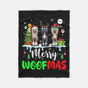 Merry Christmas Woof Three Santa Elf Chinese Crest Fleece Blanket