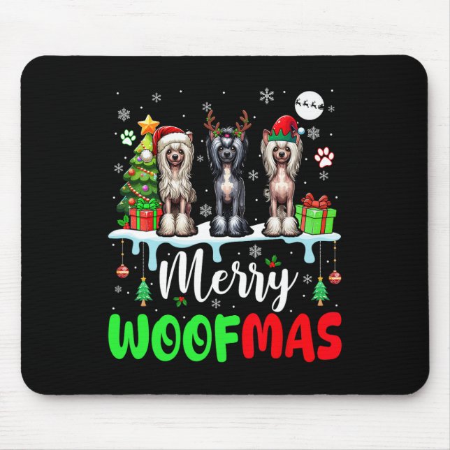 Merry Christmas Woof Three Santa Elf Chinese Crest Mouse Mat (Front)