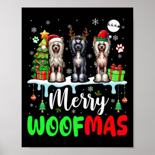 Merry Christmas Woof Three Santa Elf Chinese Crest Poster