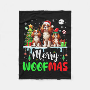 Merry Christmas Woof Three Santa Elf King Charles  Fleece Blanket