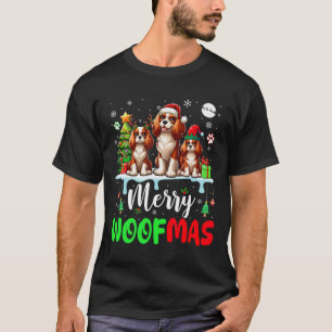 Merry Christmas Woof Three Santa Elf King Charles  T-Shirt