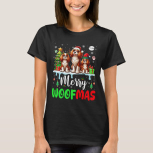Merry Christmas Woof Three Santa Elf King Charles  T-Shirt