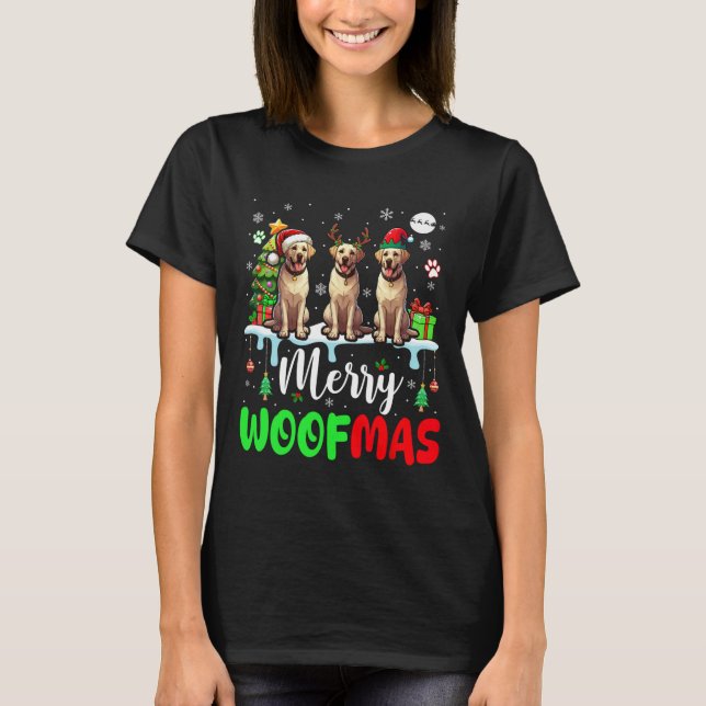 Merry Christmas Woof Three Santa Elf Labrador Retr T-Shirt (Front)