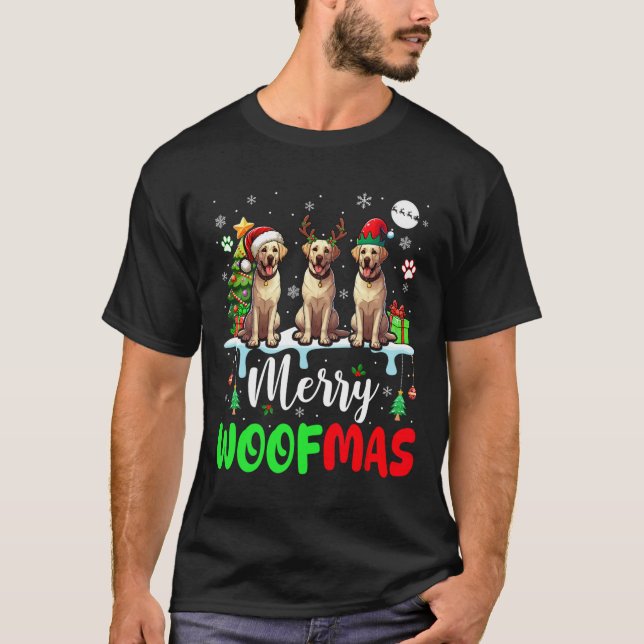 Merry Christmas Woof Three Santa Elf Labrador Retr T-Shirt (Front)