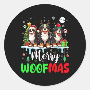 Merry Christmas Woof Three Santa Reindeer Bernese  Classic Round Sticker