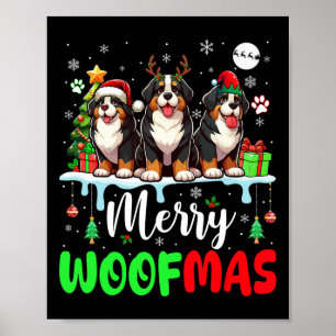 Merry Christmas Woof Three Santa Reindeer Bernese  Poster