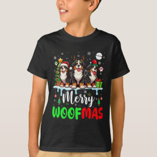 Merry Christmas Woof Three Santa Reindeer Bernese T-Shirt