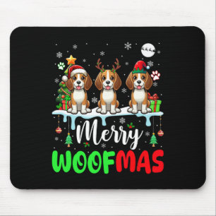 Merry Christmas Woof Three Santa Reindeer Elf Beag Mouse Mat