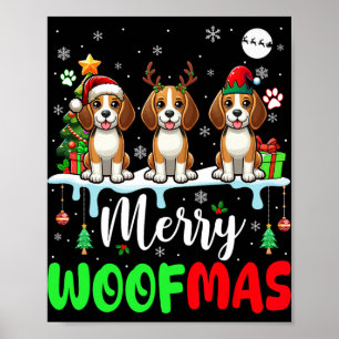 Merry Christmas Woof Three Santa Reindeer Elf Beag Poster