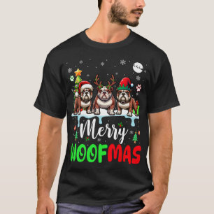 Merry Christmas Woof Three Santa Reindeer Elf Bull T-Shirt