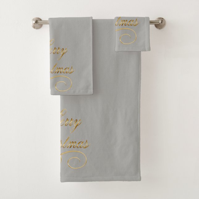 Merry Christmas Word Art In Gold On Grey Bath Towel Set (Insitu)