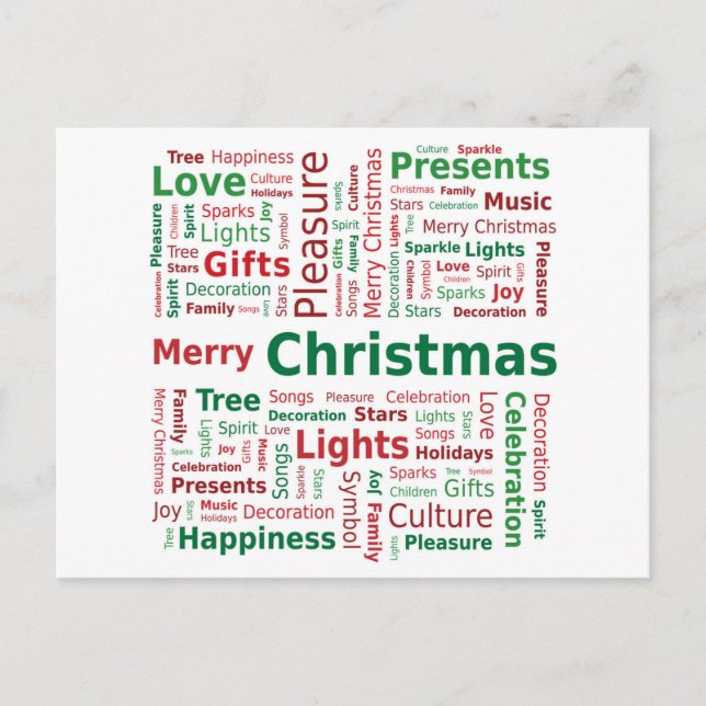 Merry Christmas Word Cloud in Green Red Colours Holiday Postcard (Front)