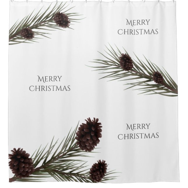 Merry Christmas Words Pine Cones Branches White Shower Curtain (Front)