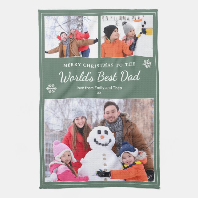 Merry Christmas World’s Best Dad Photos Sage Green Tea Towel (Vertical)