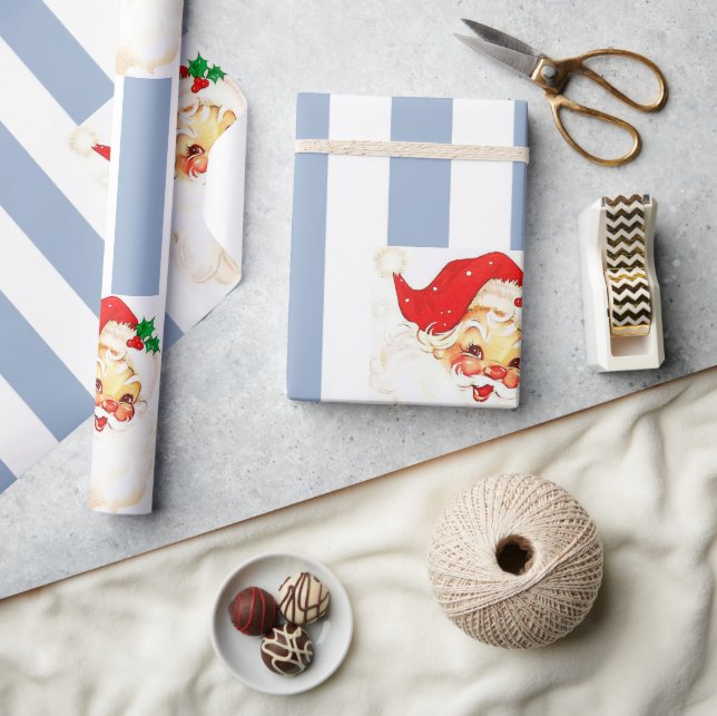 Merry Christmas Wrapping Blue & White Stripe Santa Wrapping Paper (Crafts)