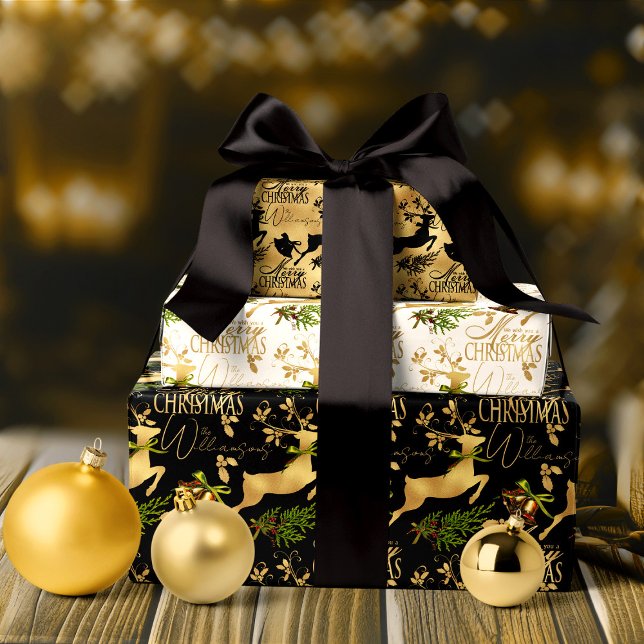Merry Christmas Wrapping Paper Elegant Reindeer (vintage Christmas wrapping paper. elegant black and gold Christmas Gift Wrap)