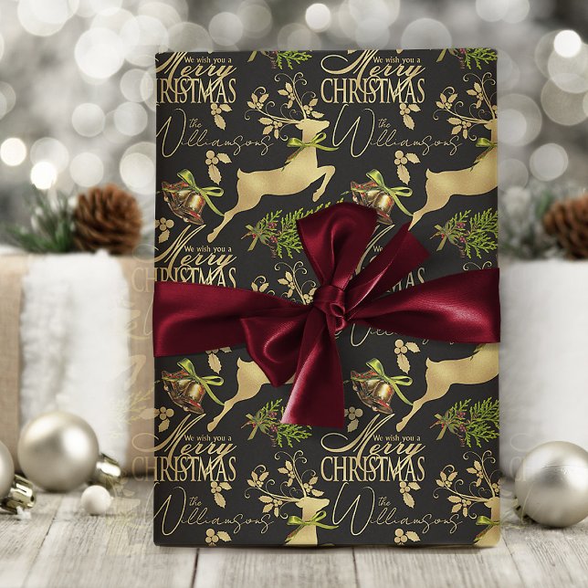 Merry Christmas Wrapping Paper Elegant Reindeer (elegant black and gold Christmas wrapping paper with personalized name or text)