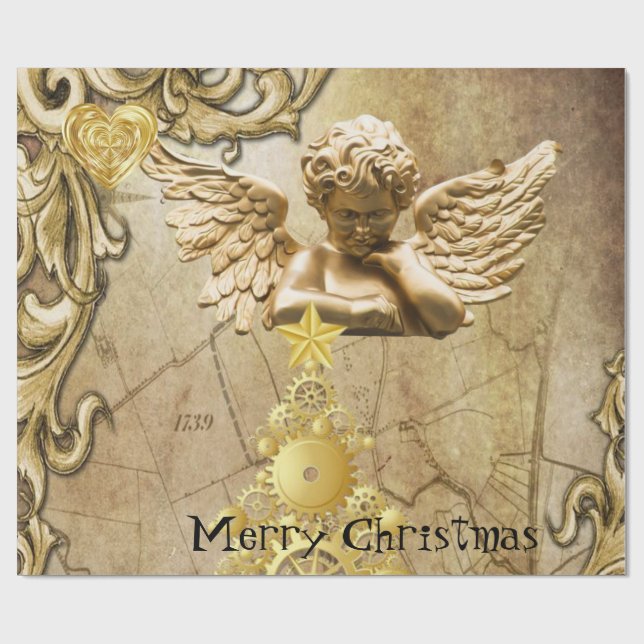 Merry Christmas Wrapping Paper Gold Angel (Flat)