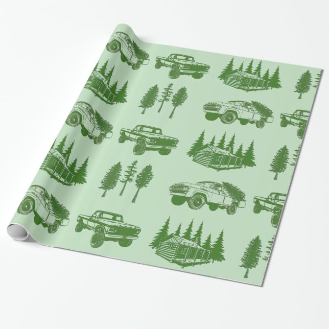 Merry Christmas Wrapping Paper Truck, Tree & Cabin (Unrolled)