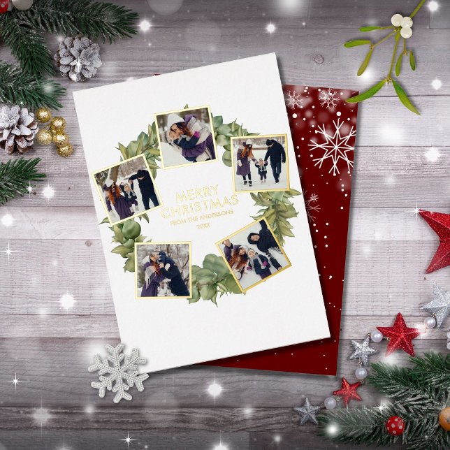 Merry Christmas Wreath 5 Photo Gold Foil Holiday Card (Creator Uploaded)