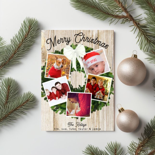 Merry Christmas Wreath 5 Photo Personalised Family Holiday Card (Creator Uploaded)