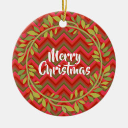 Merry Christmas Wreath and Chevron Retro Ceramic Tree Decoration