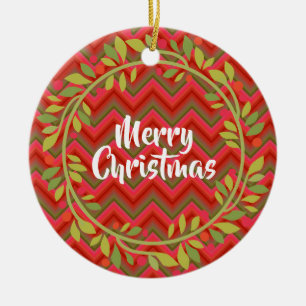 Merry Christmas Wreath and Chevron Retro Ceramic Tree Decoration