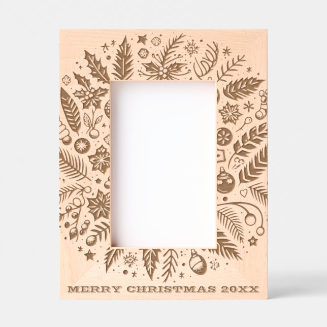 Merry Christmas Wreath and Date Family Photo Etched Frames (Front)