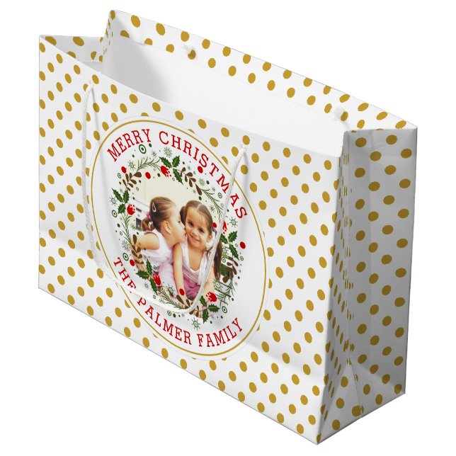 Merry Christmas wreath and gold polka dot photo Large Gift Bag (Front Angled)