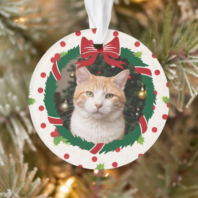 Merry Christmas Wreath and Holly Custom Pet Photo Ornament (Tree)