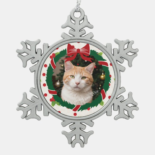 Merry Christmas Wreath and Holly Custom Pet Photo Snowflake Pewter Christmas Ornament (Front)