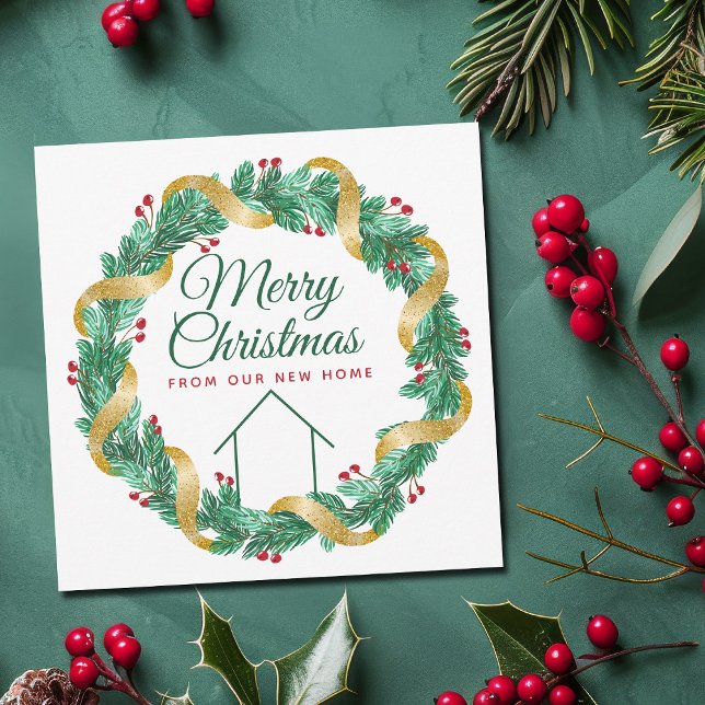 Merry Christmas Wreath Beautiful New Home Address Holiday Card (Creator Uploaded)