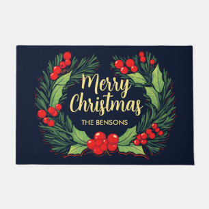 Merry Christmas Wreath Blue & Green Doormat