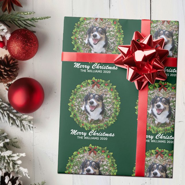 Merry Christmas Wreath Custom Dog Photo Green Wrapping Paper (Creator Uploaded)
