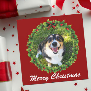Merry Christmas Wreath Custom Dog Photo Holiday Card
