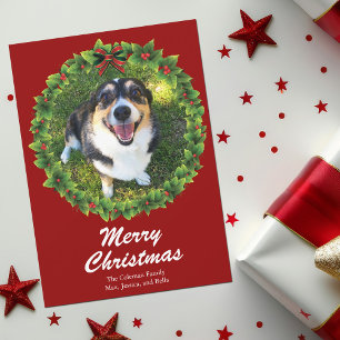 Merry Christmas Wreath Custom Pet Photo Holiday Card