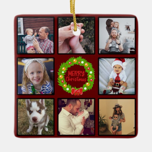 Merry Christmas Wreath Custom Photo Collage Ceramic Ornament (Front)