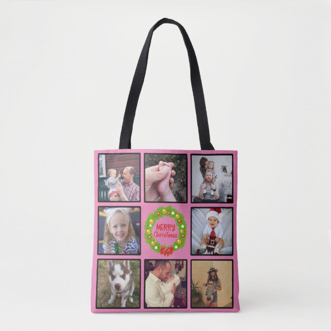 Merry Christmas Wreath Custom Photo Collage Tote Bag (Front)